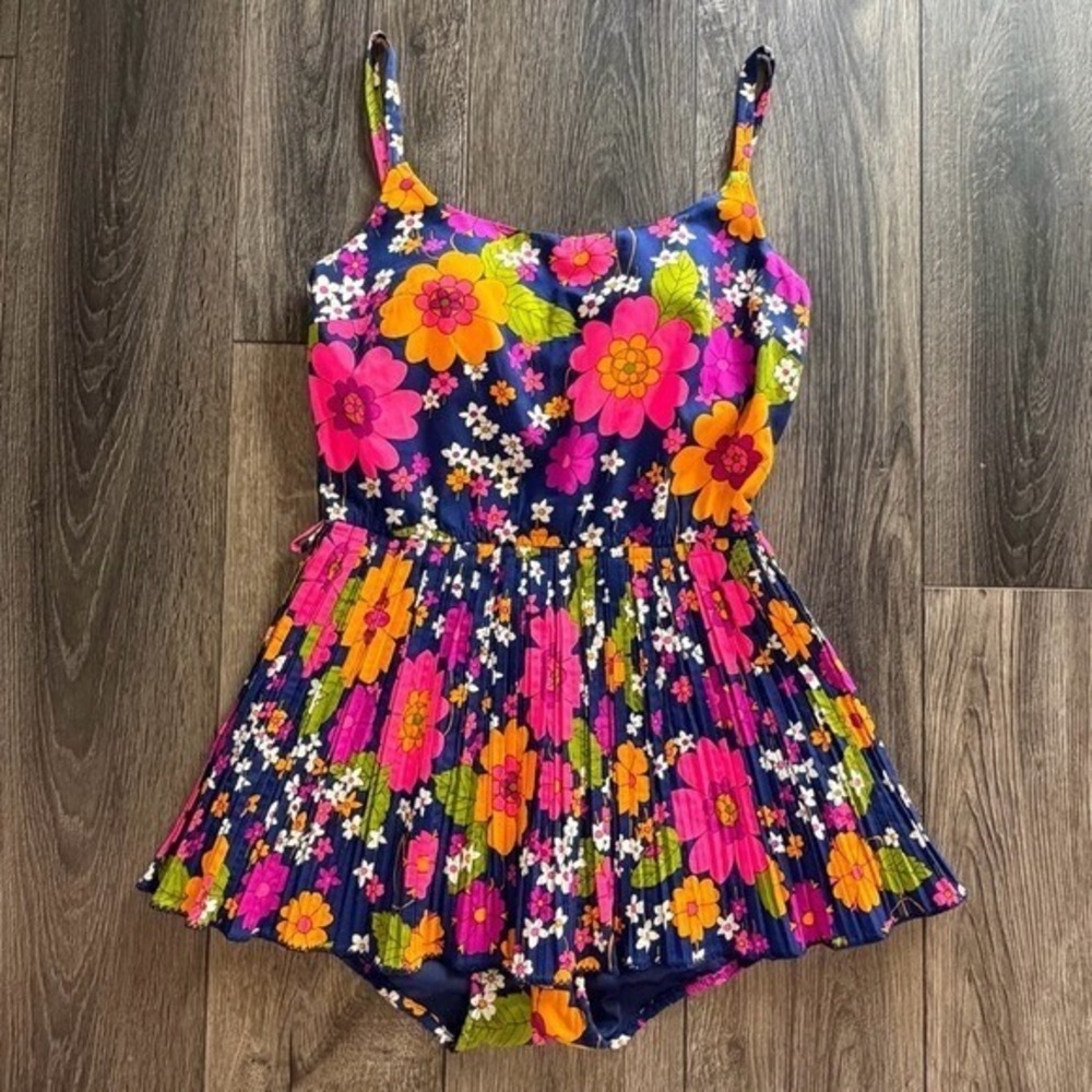 Sandcastle Vintage Floral Pleated Swim Dress Navy Pink Orange Size 10 Retro 70s